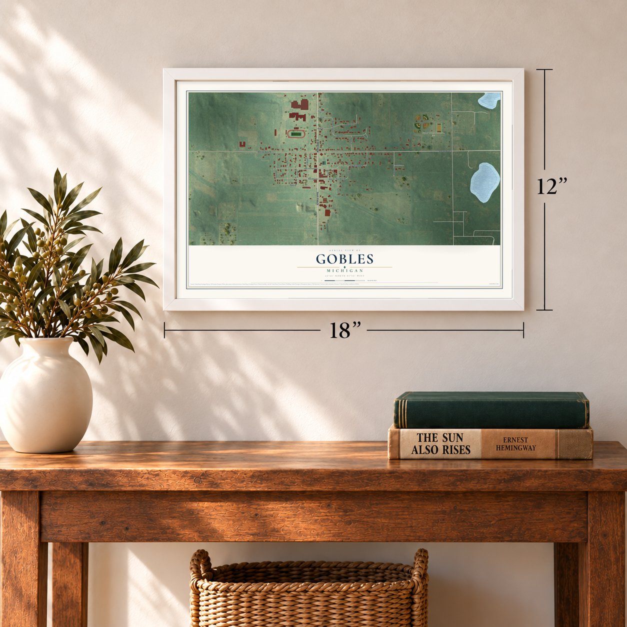 Gobles, Michigan map, 12 x 18 inch print in a white frame in an entryway