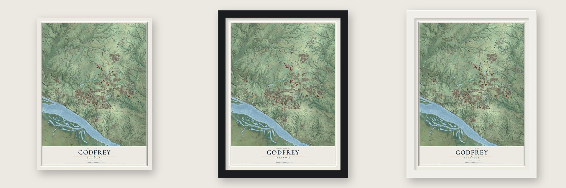 Godfrey, Illinois map unframed, in a black wood frame and in a white wood frame