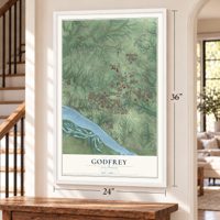 Godfrey, Illinois map, 24 x 36 inch print in a white frame by a staircase