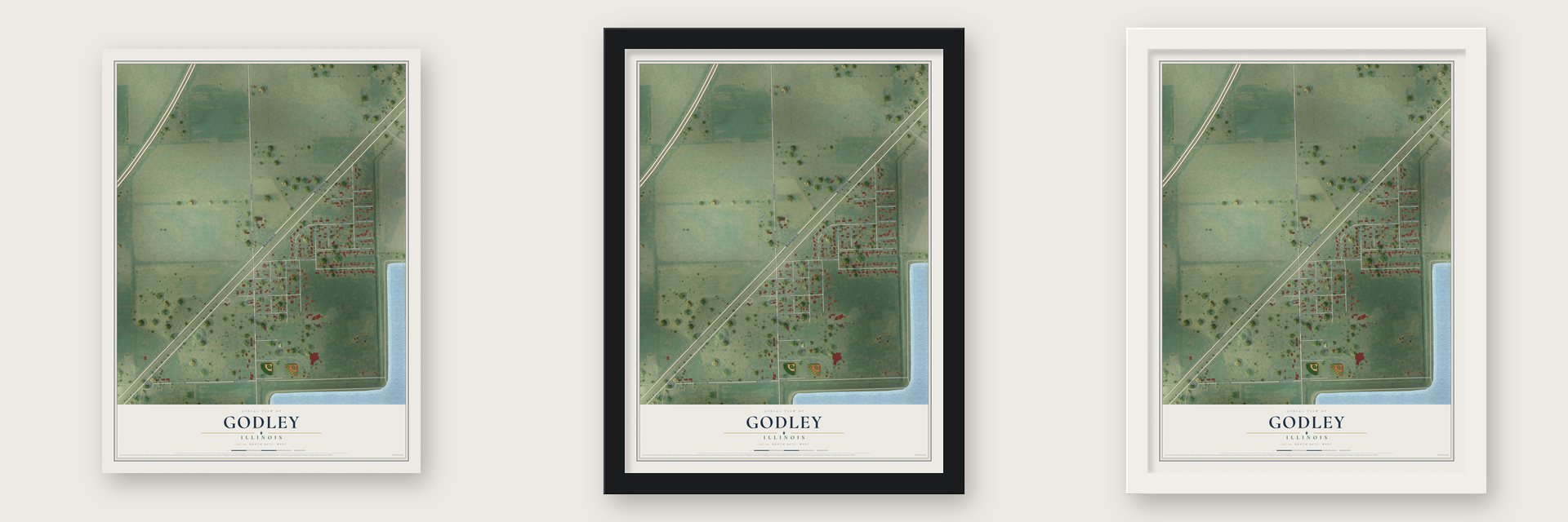 Godley, Illinois map unframed, in a black wood frame and in a white wood frame
