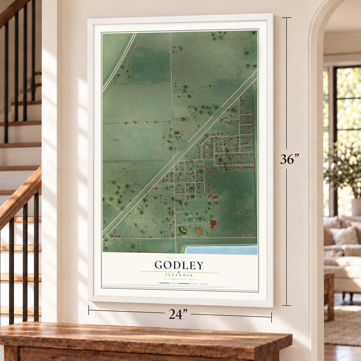 Godley, Illinois map, 24 x 36 inch print in a white frame by a staircase