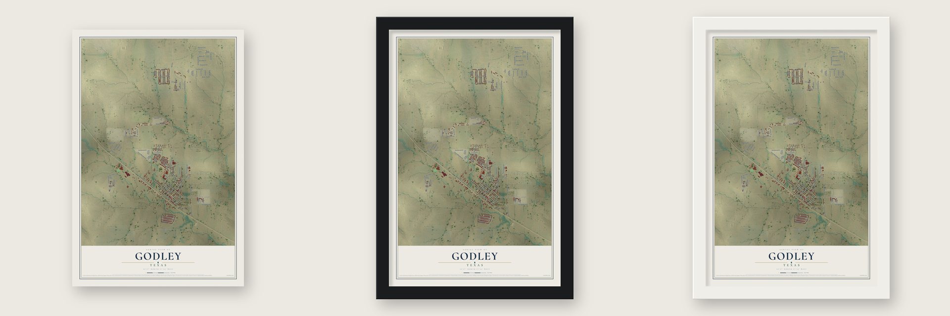 Godley, Texas map unframed, in a black wood frame and in a white wood frame