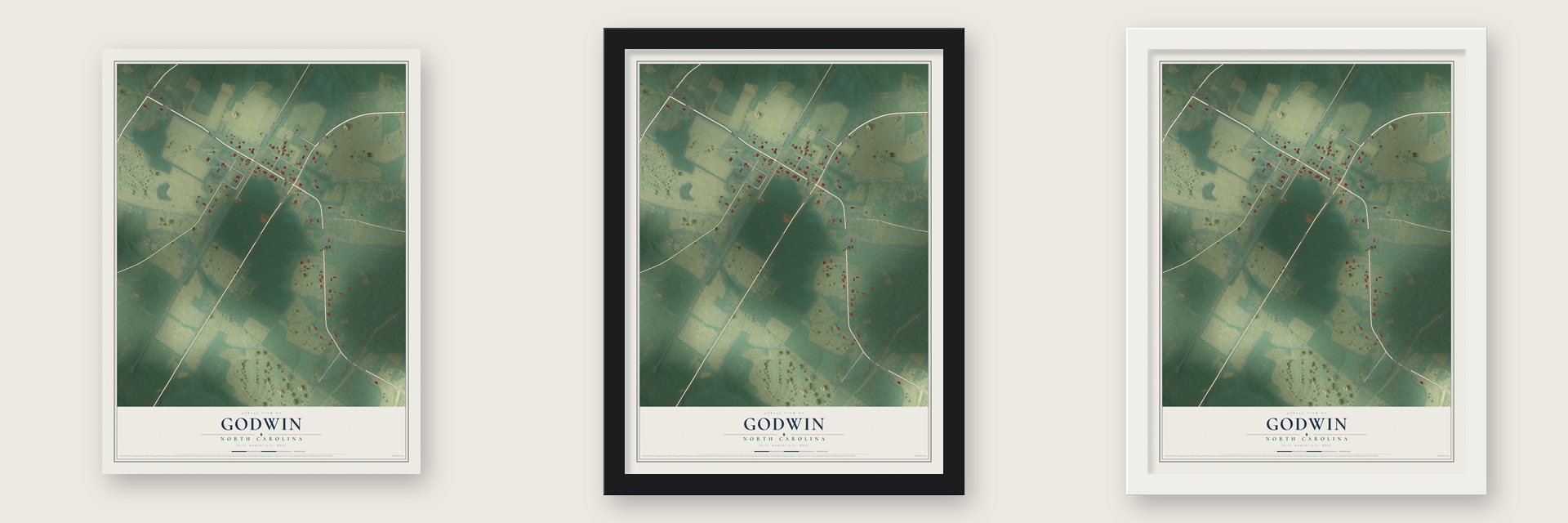 Godwin, North Carolina map unframed, in a black wood frame and in a white wood frame
