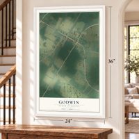 Godwin, North Carolina map, 24 x 36 inch print in a white frame by a staircase