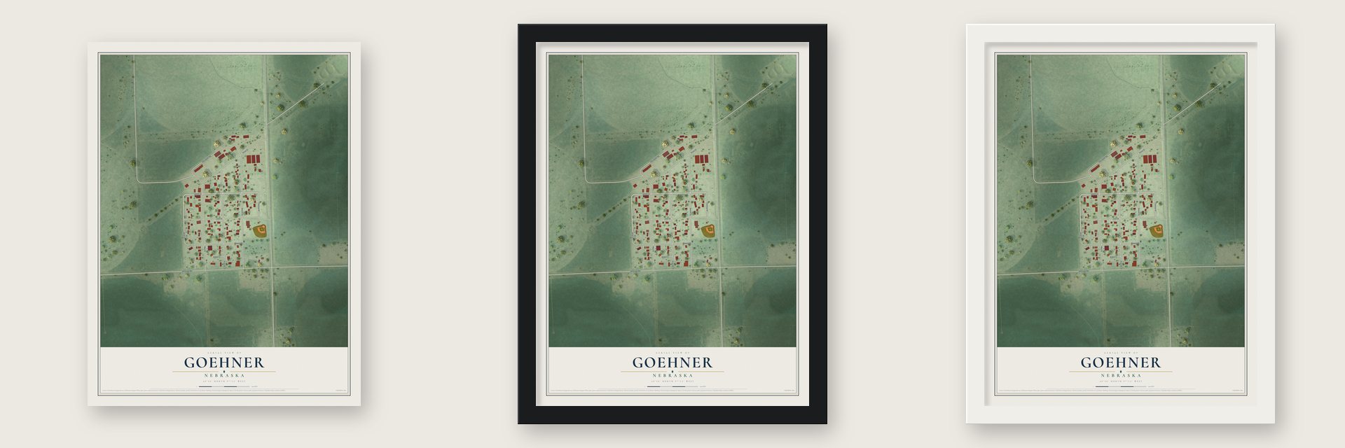 Goehner, Nebraska map unframed, in a black wood frame and in a white wood frame