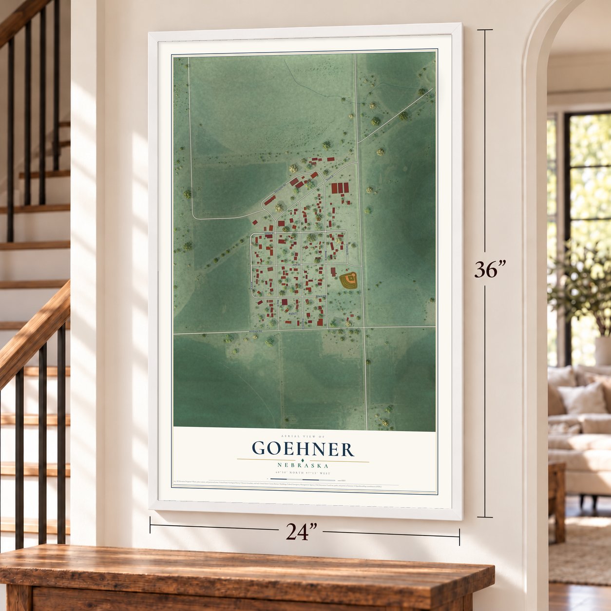 Goehner, Nebraska map, 24 x 36 inch print in a white frame by a staircase