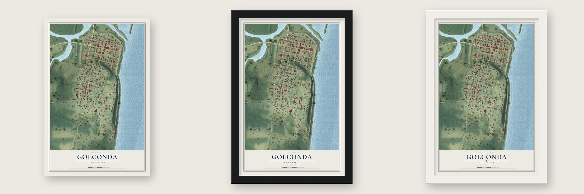 Golconda, Illinois map unframed, in a black wood frame and in a white wood frame
