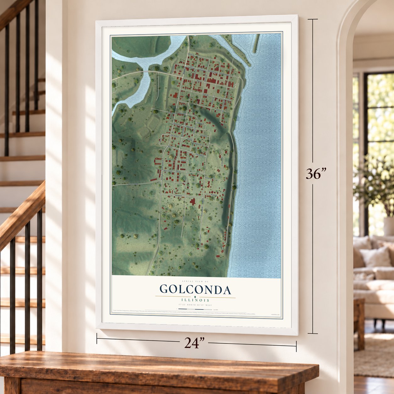 Golconda, Illinois map, 24 x 36 inch print in a white frame by a staircase