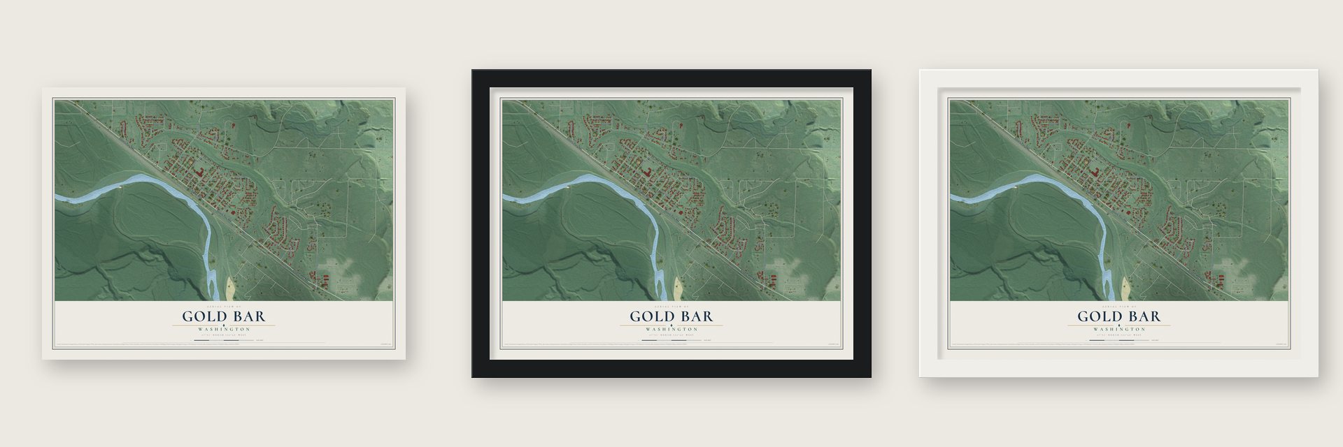 Gold Bar, Washington map unframed, in a black wood frame and in a white wood frame