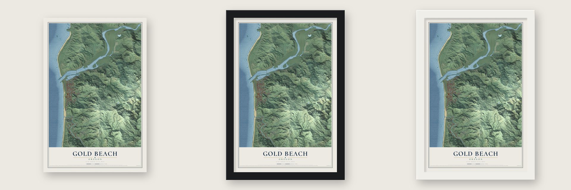 Gold Beach, Oregon map unframed, in a black wood frame and in a white wood frame
