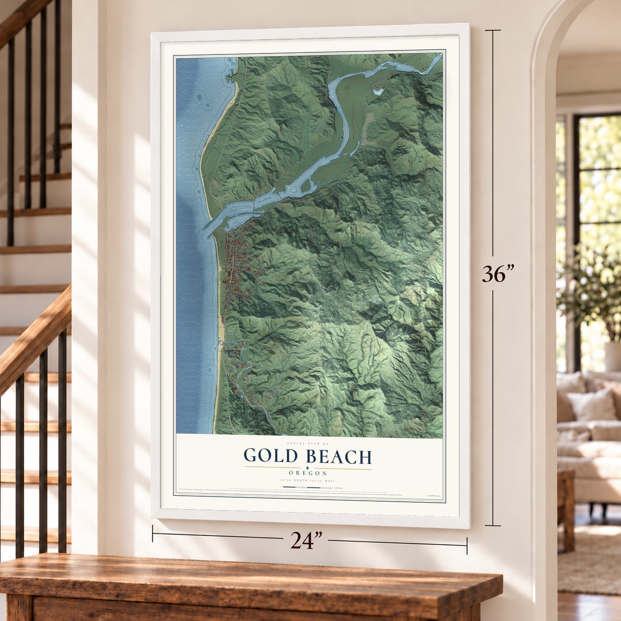 Gold Beach, Oregon map, 24 x 36 inch print in a white frame by a staircase