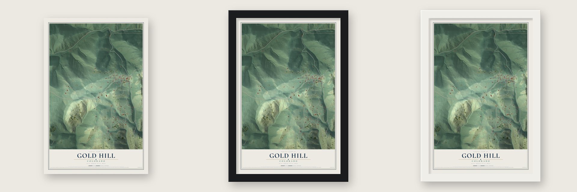 Gold Hill, Colorado map unframed, in a black wood frame and in a white wood frame