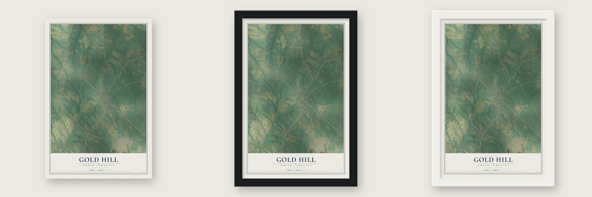 Gold Hill, North Carolina map unframed, in a black wood frame and in a white wood frame