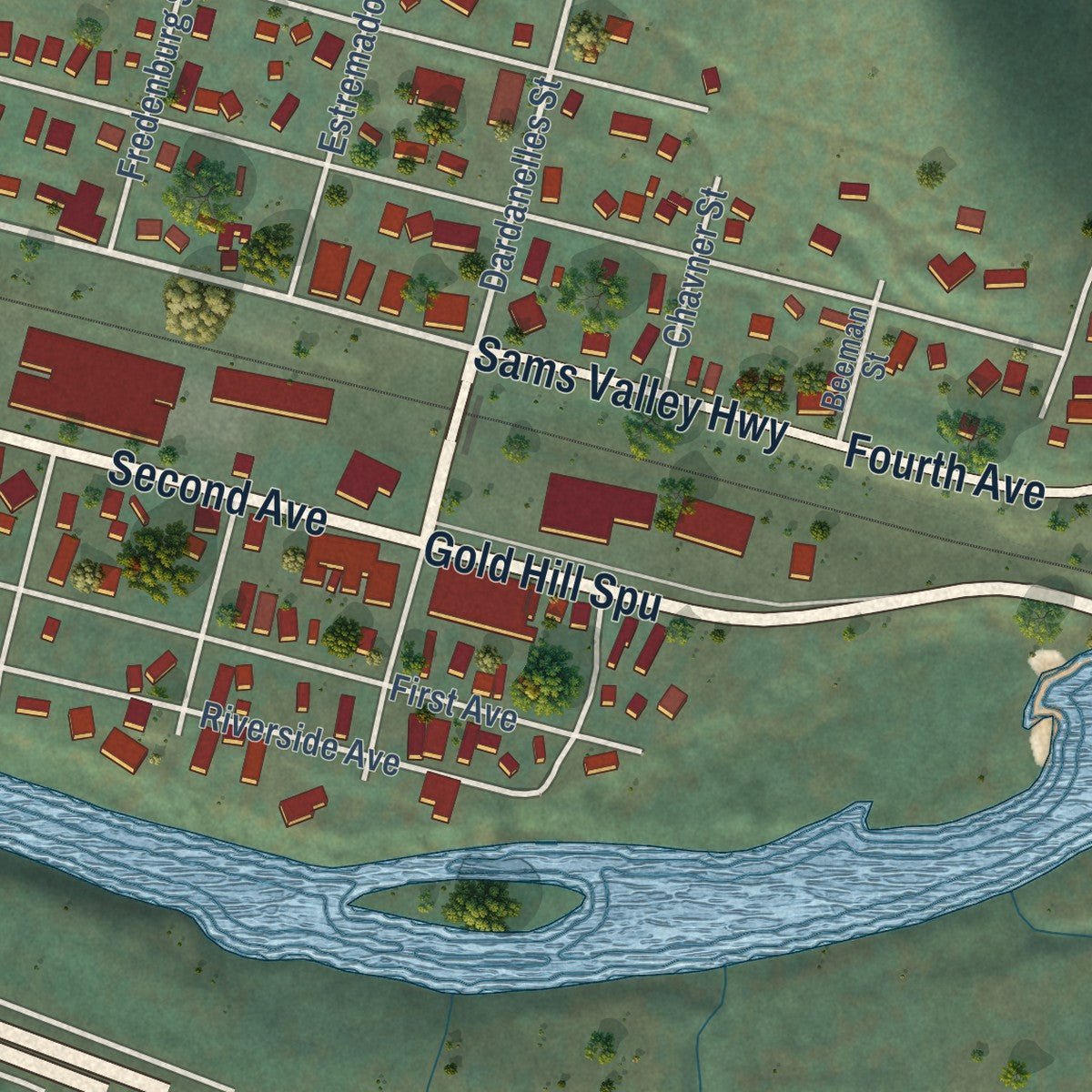 Second close-up of the map of Gold Hill, Oregon print showing more streets and buildings