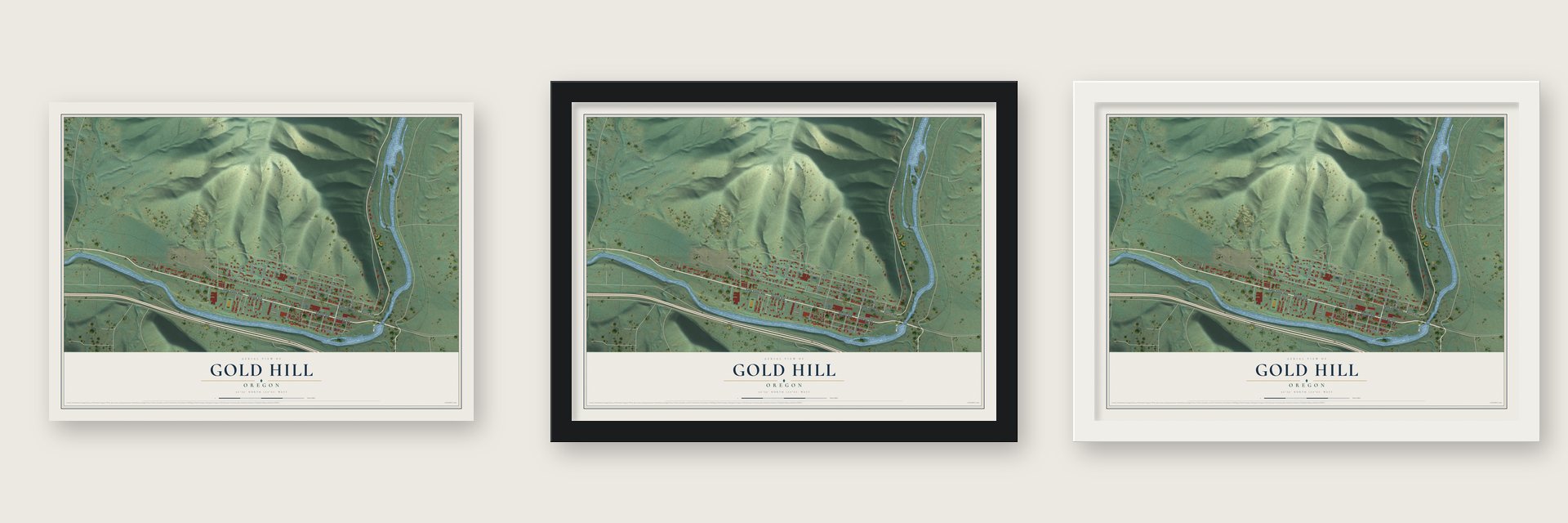 Gold Hill, Oregon map unframed, in a black wood frame and in a white wood frame