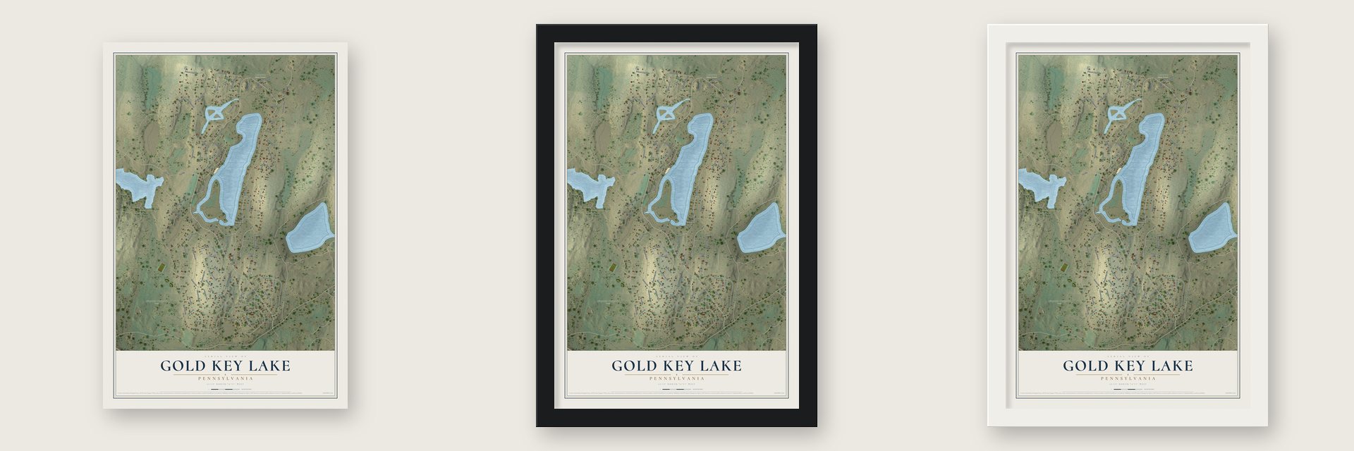 Gold Key Lake, Pennsylvania map unframed, in a black wood frame and in a white wood frame