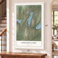 Gold Key Lake, Pennsylvania map, 24 x 36 inch print in a white frame by a staircase