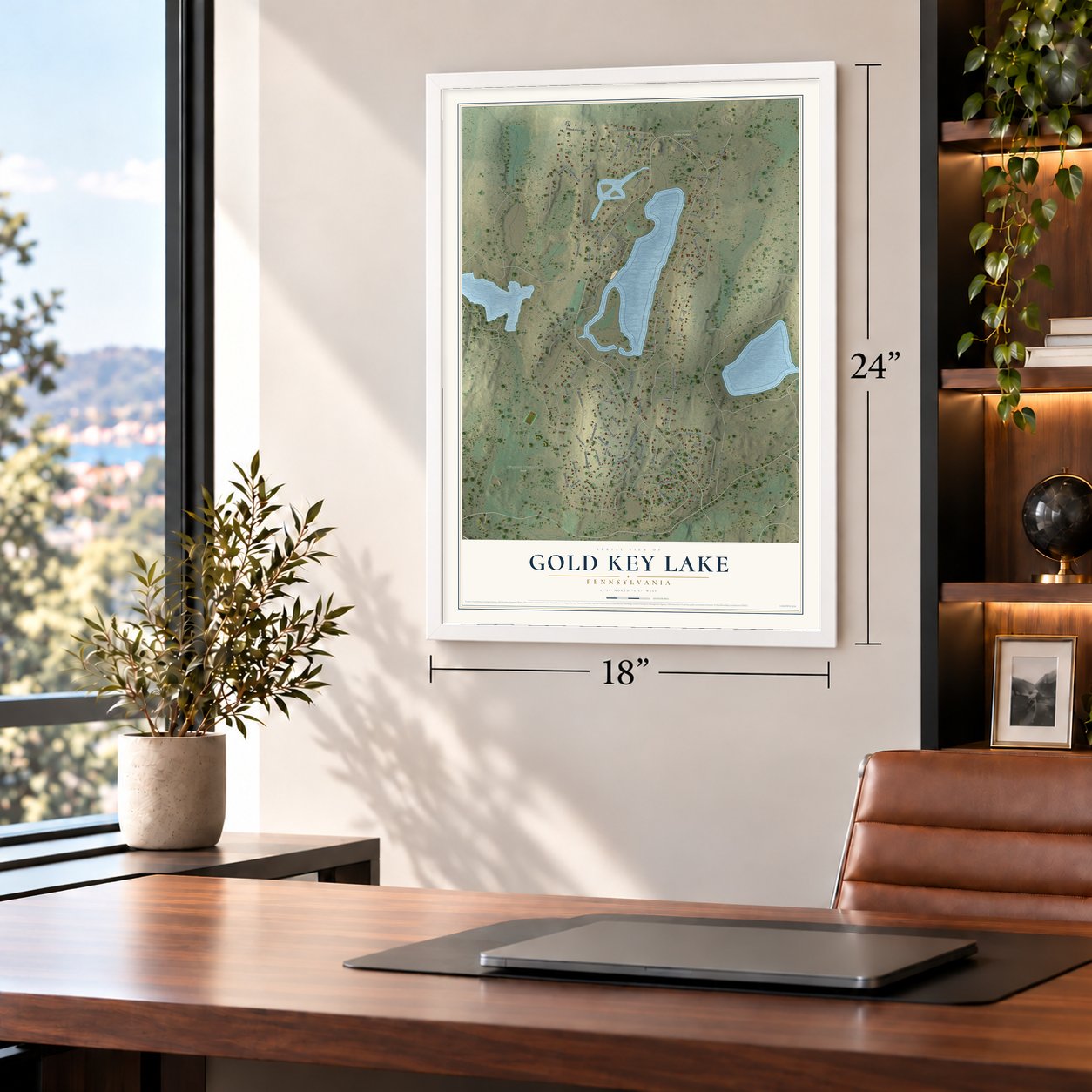 Gold Key Lake, Pennsylvania map, 18 x 24 inch print in a white frame in a home office