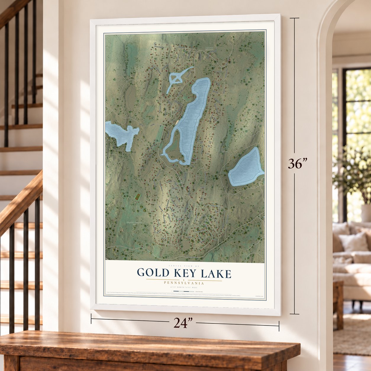 Gold Key Lake, Pennsylvania map, 24 x 36 inch print in a white frame by a staircase