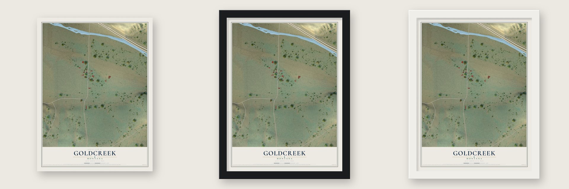Goldcreek, Montana map unframed, in a black wood frame and in a white wood frame
