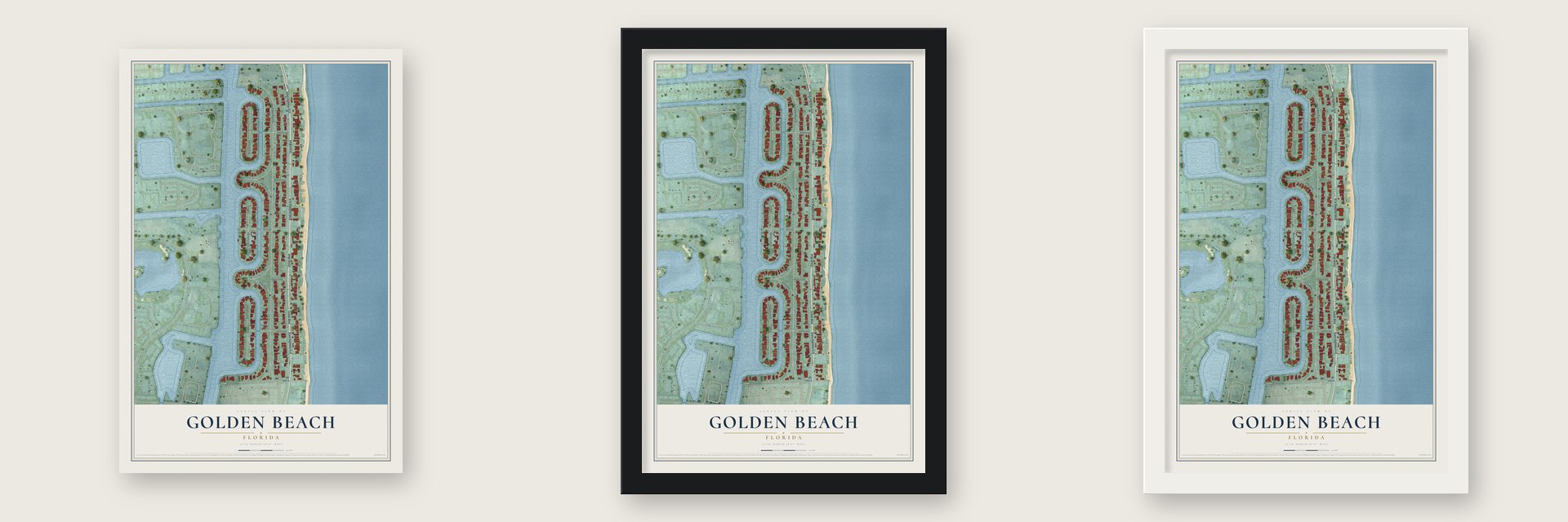 Golden Beach, Florida map unframed, in a black wood frame and in a white wood frame