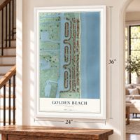 Golden Beach, Florida map, 24 x 36 inch print in a white frame by a staircase