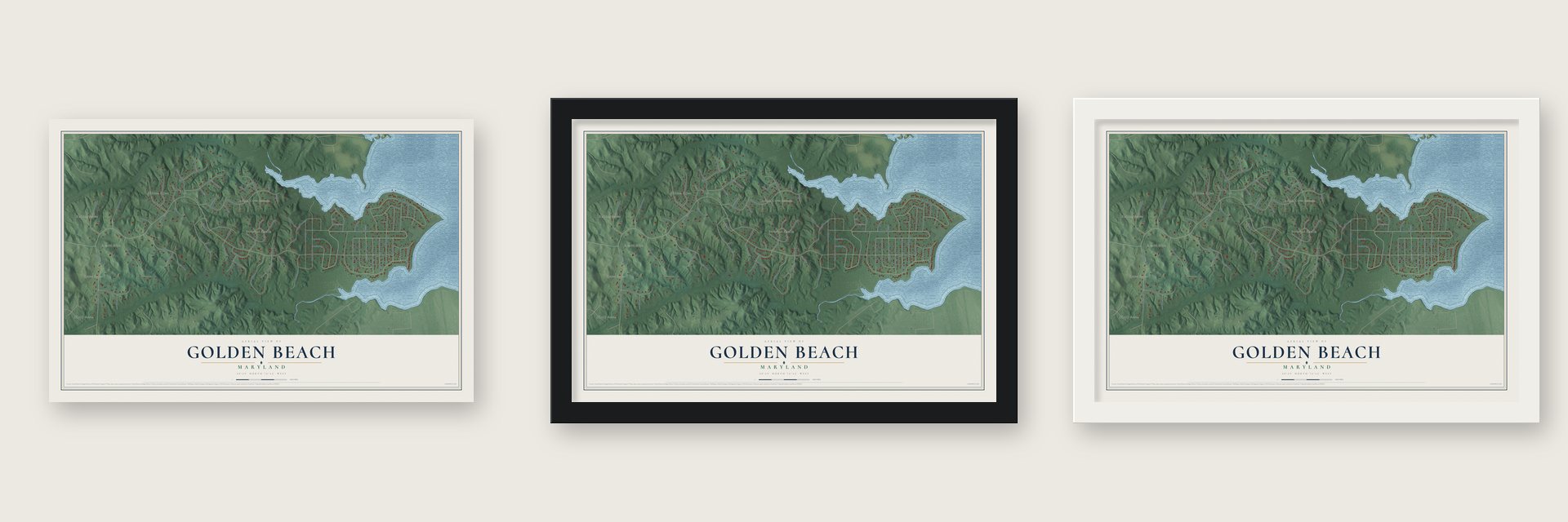 Golden Beach, Maryland map unframed, in a black wood frame and in a white wood frame