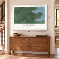 Golden Beach, Maryland map, 24 x 36 inch print in a white frame above a dresser by a staircase