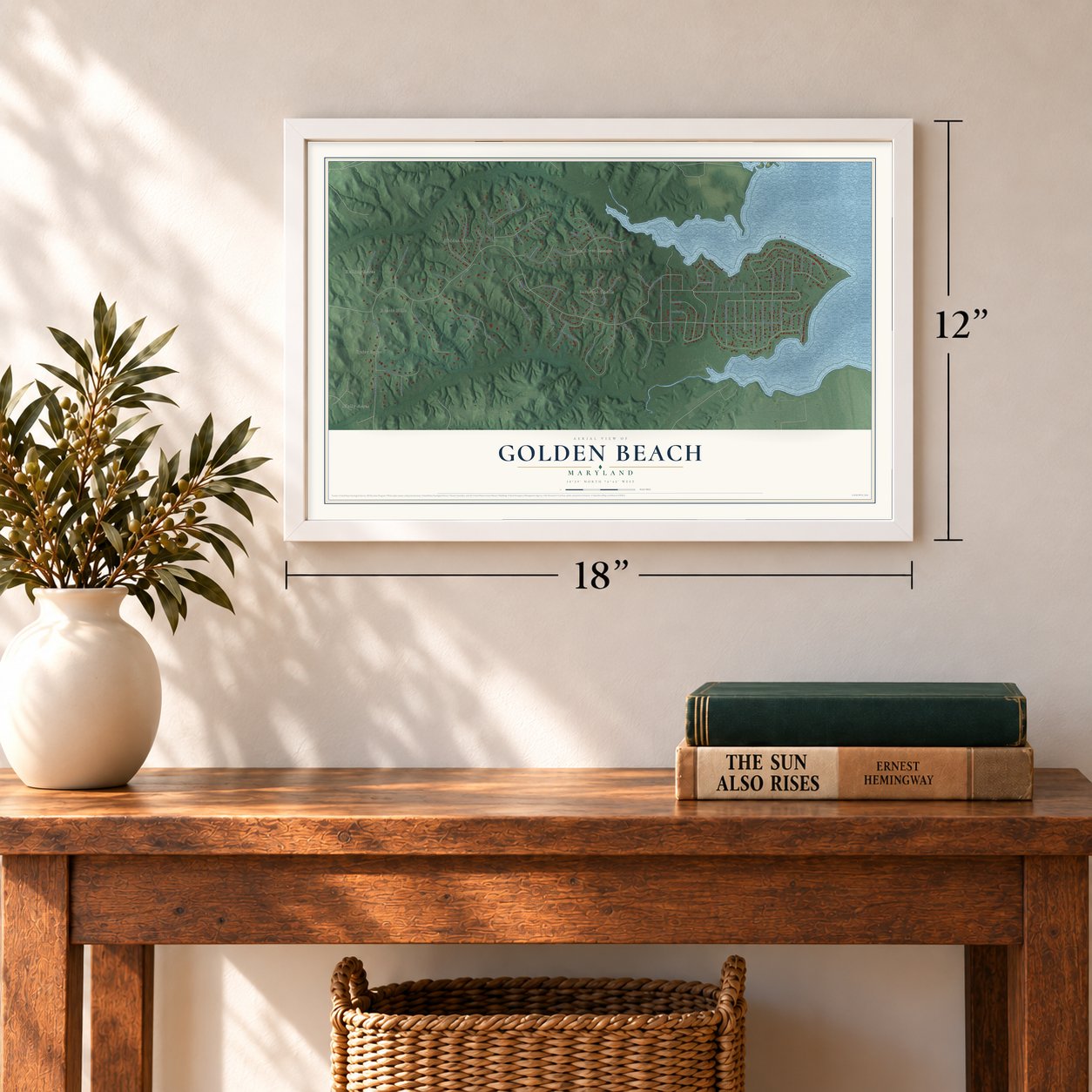 Golden Beach, Maryland map, 12 x 18 inch print in a white frame in an entryway
