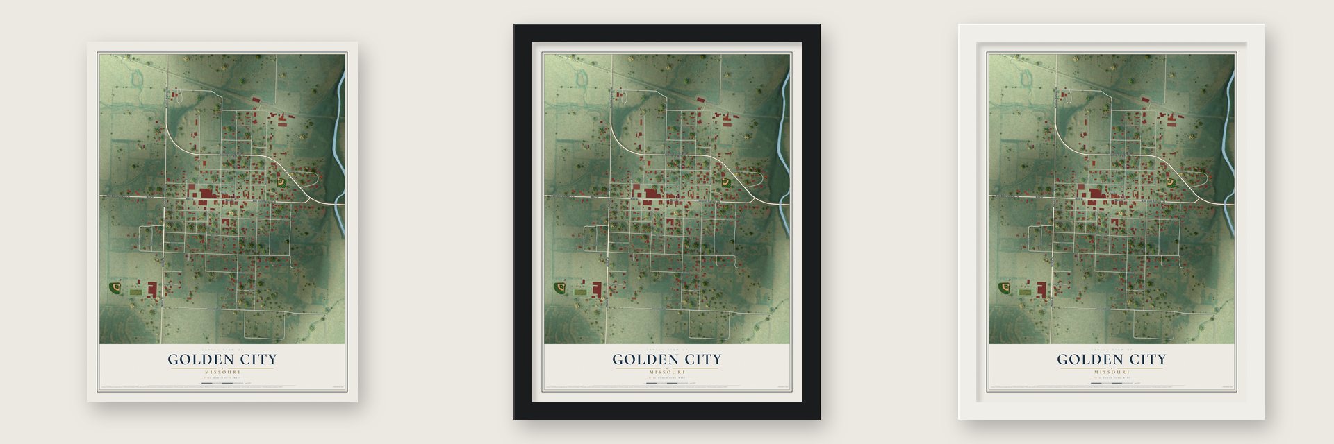 Golden City, Missouri map unframed, in a black wood frame and in a white wood frame