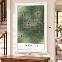 Golden City, Missouri map, 24 x 36 inch print in a white frame by a staircase