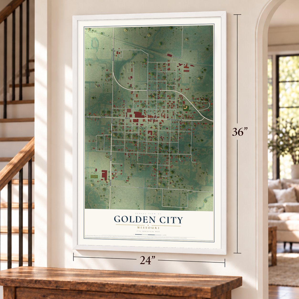 Golden City, Missouri map, 24 x 36 inch print in a white frame by a staircase