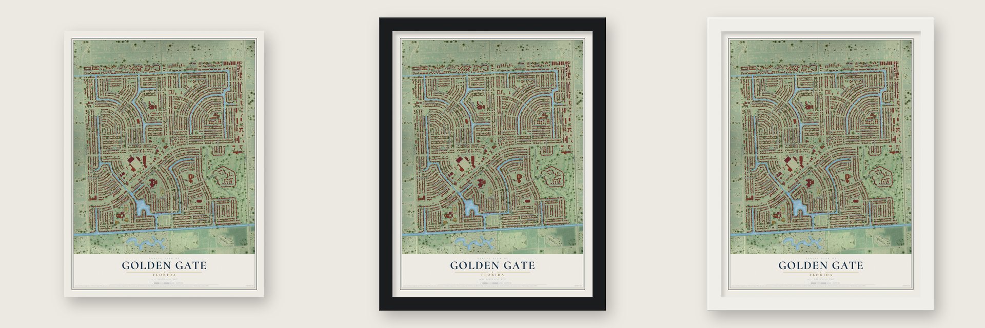 Golden Gate, Florida map unframed, in a black wood frame and in a white wood frame