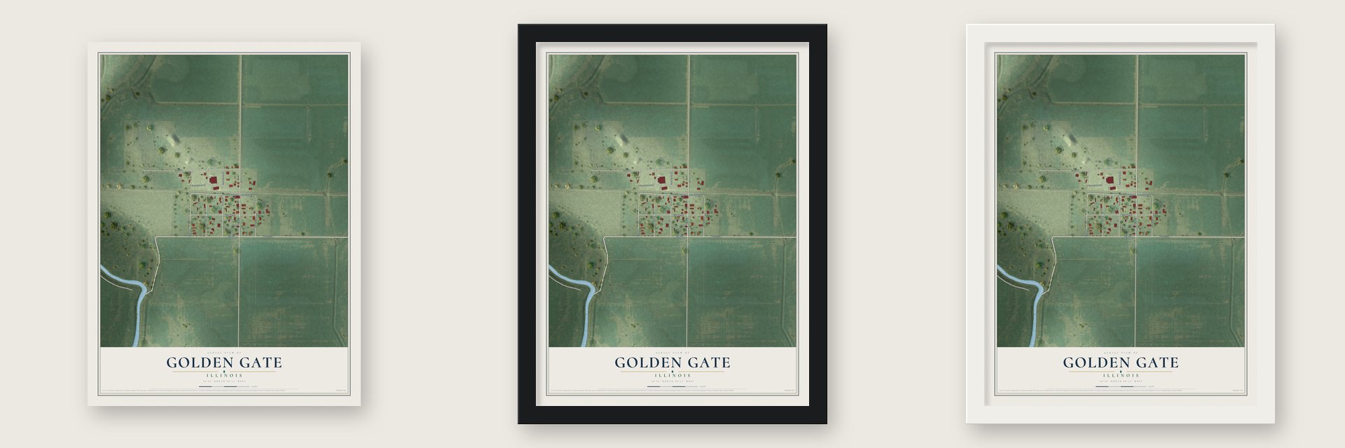 Golden Gate, Illinois map unframed, in a black wood frame and in a white wood frame