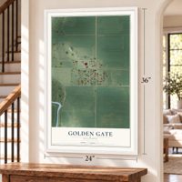 Golden Gate, Illinois map, 24 x 36 inch print in a white frame by a staircase