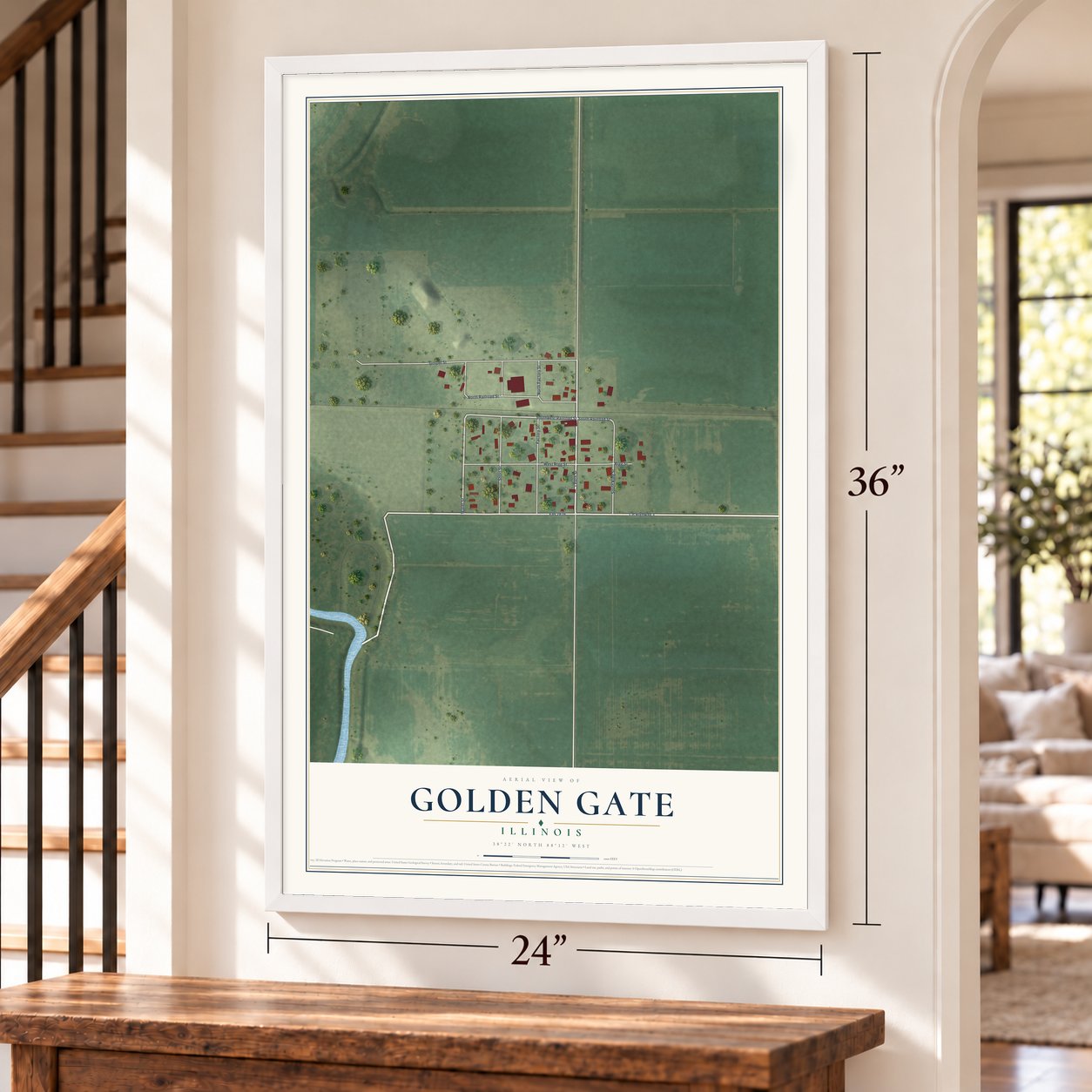 Golden Gate, Illinois map, 24 x 36 inch print in a white frame by a staircase