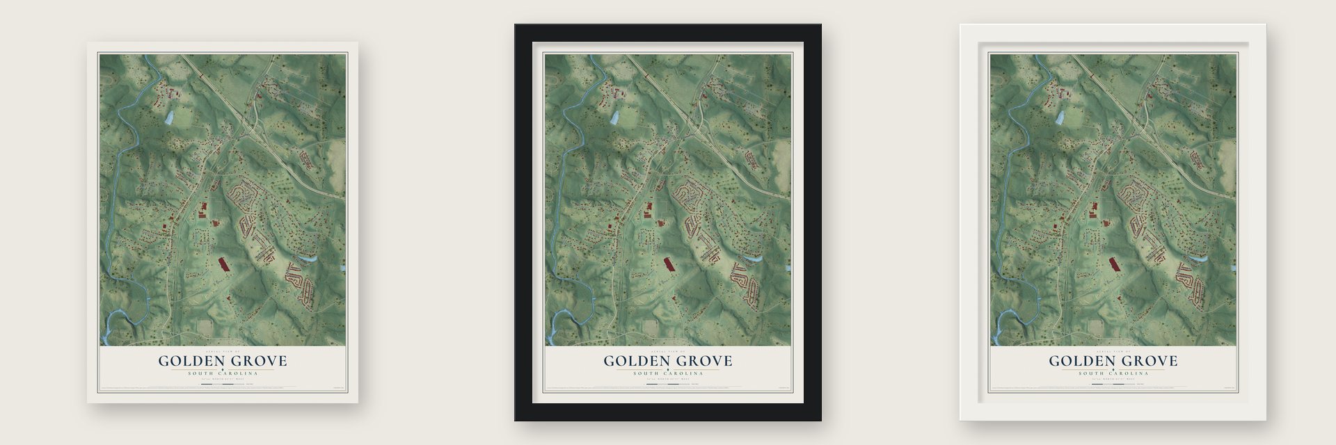 Golden Grove, South Carolina map unframed, in a black wood frame and in a white wood frame
