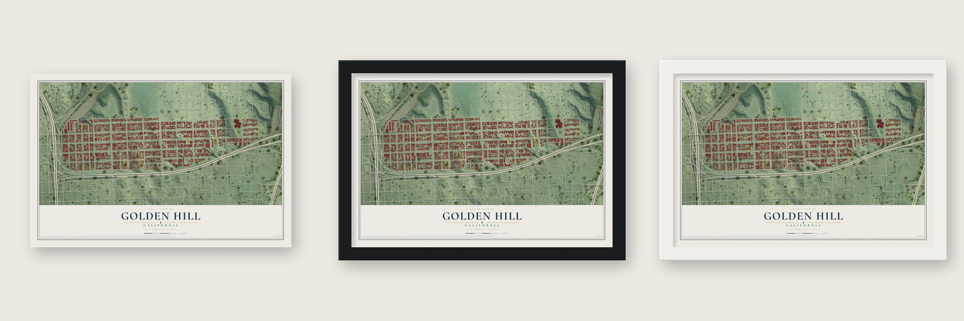 Golden Hill, California map unframed, in a black wood frame and in a white wood frame