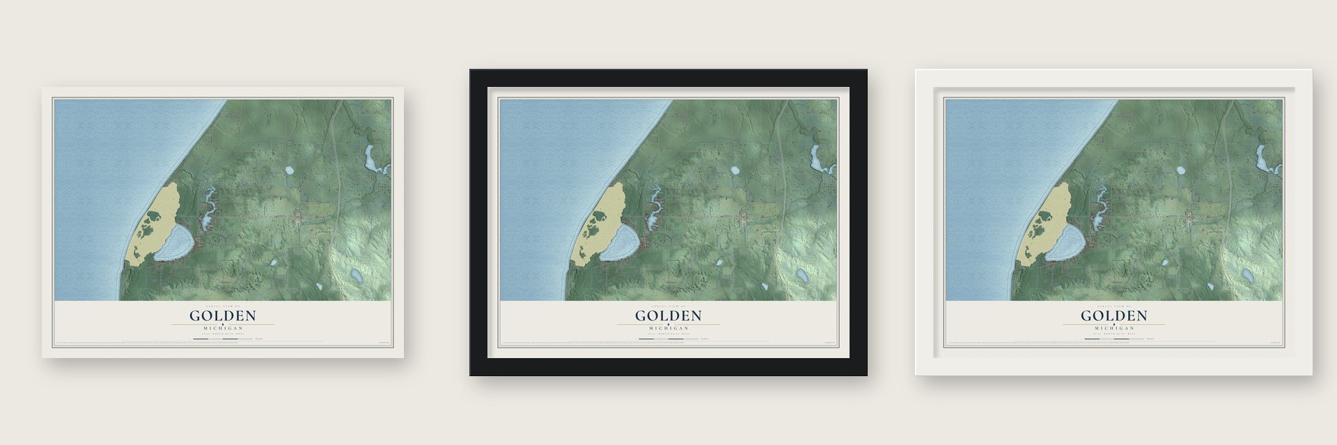Golden, Michigan map unframed, in a black wood frame and in a white wood frame