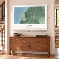 Golden, Michigan map, 24 x 36 inch print in a white frame above a dresser by a staircase
