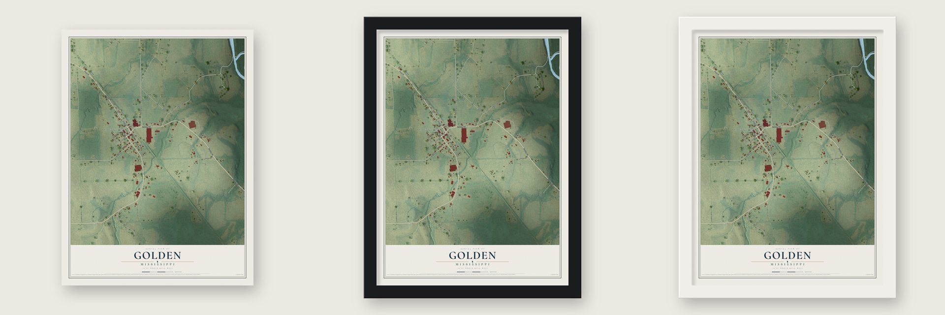 Golden, Mississippi map unframed, in a black wood frame and in a white wood frame