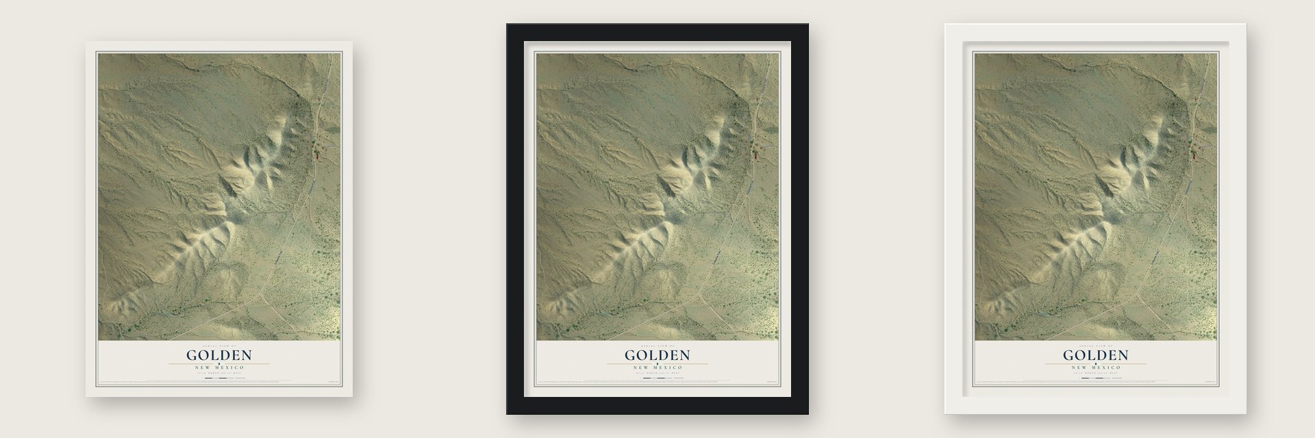 Golden, New Mexico map unframed, in a black wood frame and in a white wood frame