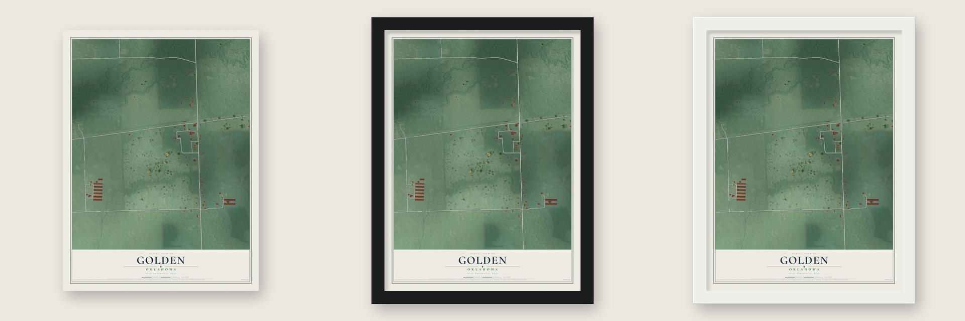 Golden, Oklahoma map unframed, in a black wood frame and in a white wood frame