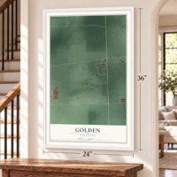 Golden, Oklahoma map, 24 x 36 inch print in a white frame by a staircase