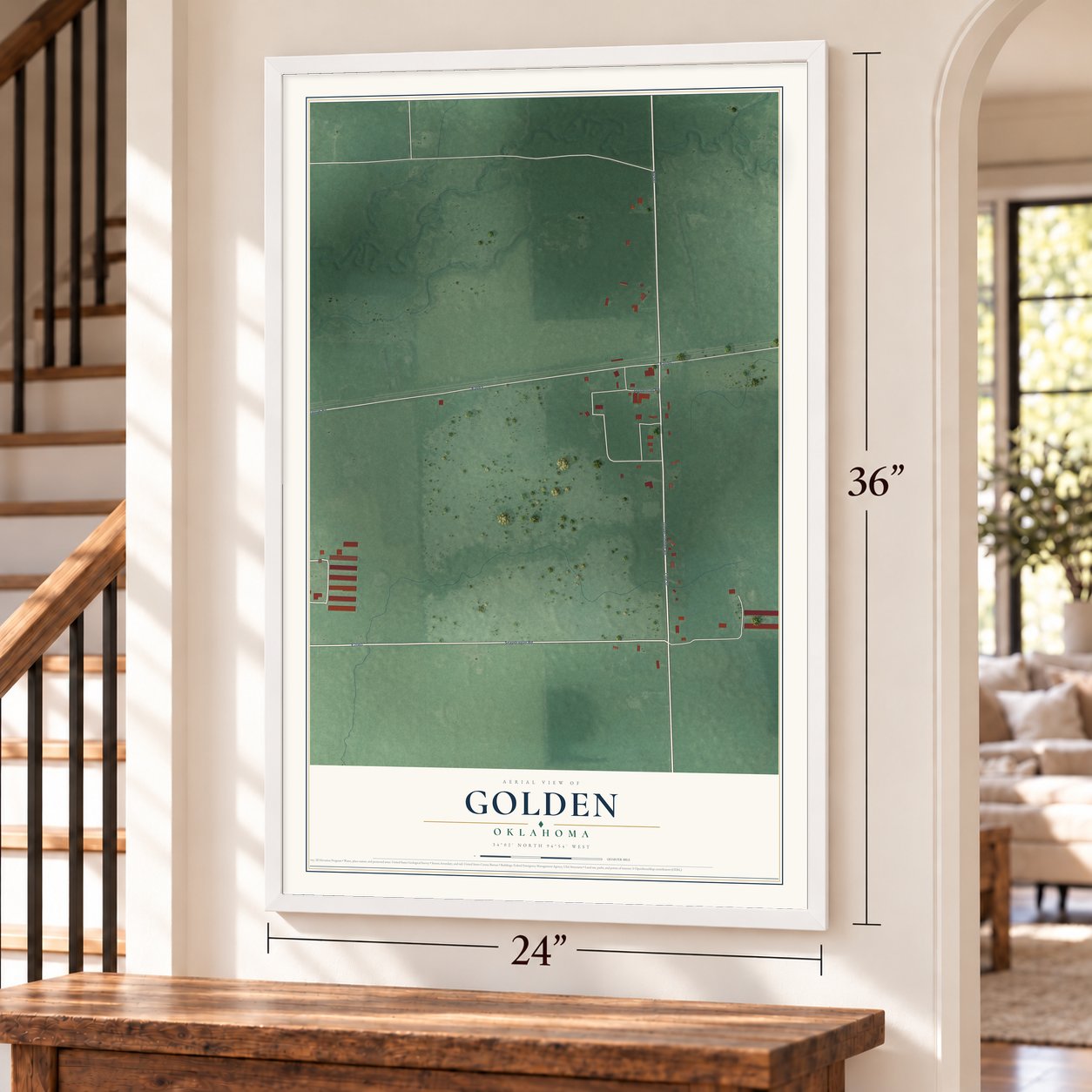 Golden, Oklahoma map, 24 x 36 inch print in a white frame by a staircase