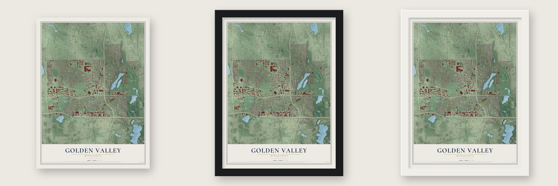 Golden Valley, Minnesota map unframed, in a black wood frame and in a white wood frame