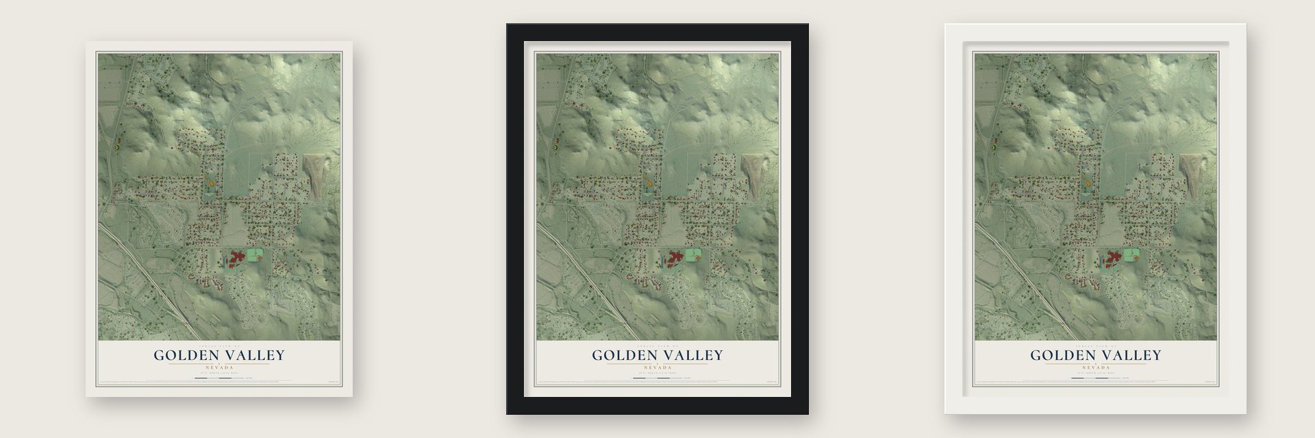 Golden Valley, Nevada map unframed, in a black wood frame and in a white wood frame