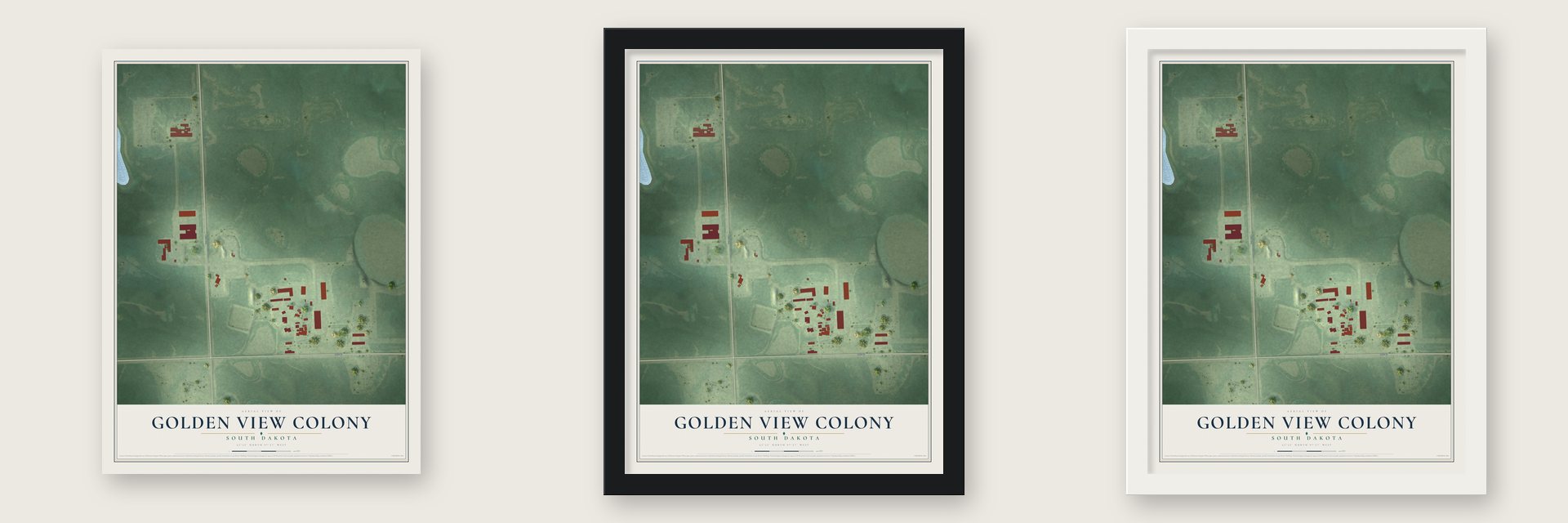 Golden View Colony, South Dakota map unframed, in a black wood frame and in a white wood frame