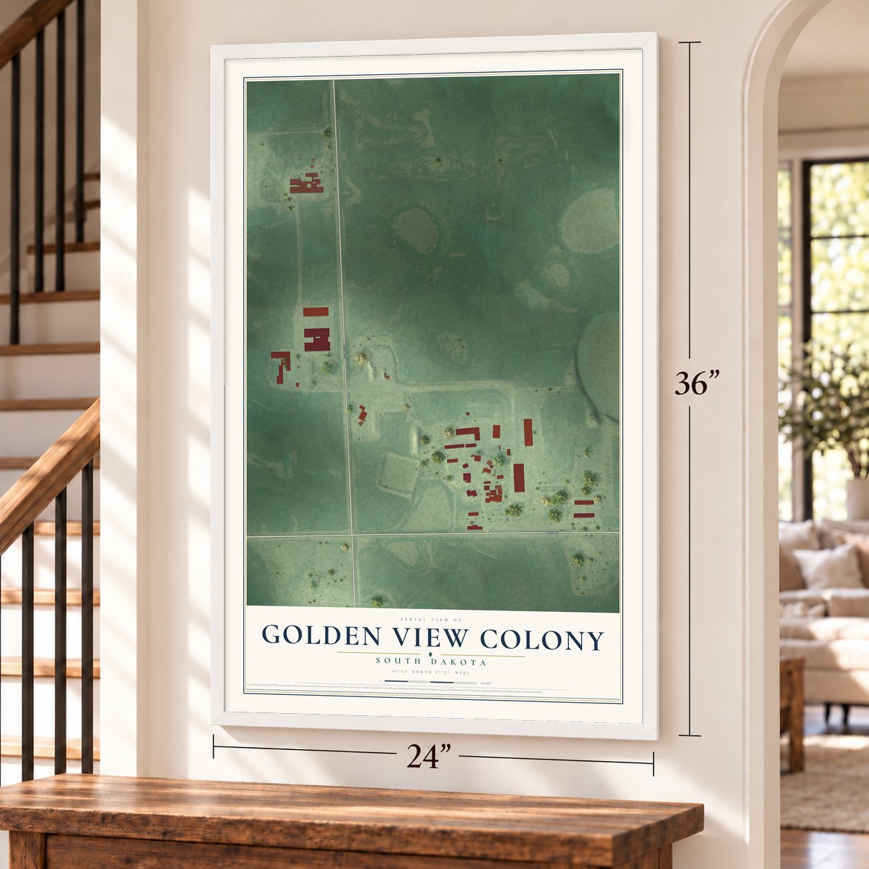 Golden View Colony, South Dakota map, 24 x 36 inch print in a white frame by a staircase