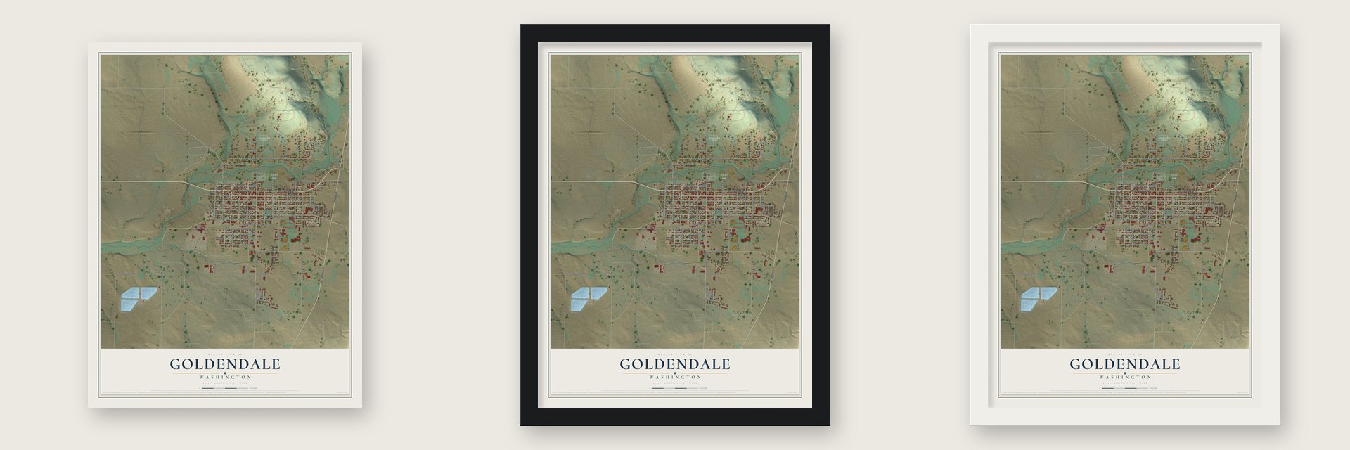 Goldendale, Washington map unframed, in a black wood frame and in a white wood frame